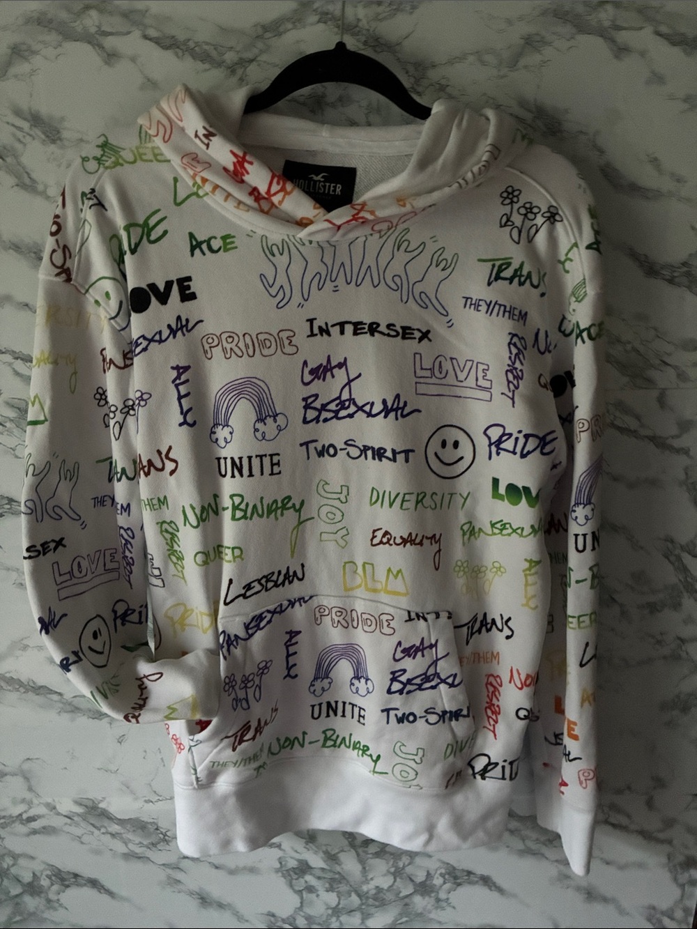 Hollister XS Unisex White Rainbow Pride Graphic Hoodie